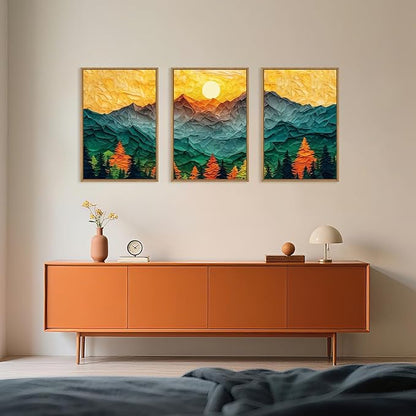 Celestdeco Abstract Mountain Framed Canvas Wall Art Set, Forest Pine Tree Golden Sunset Wall Decor, Mixed Patchwork Landscape Art Print for Living Room, Bedroom, Dining Room, Office - 24"x36"x3