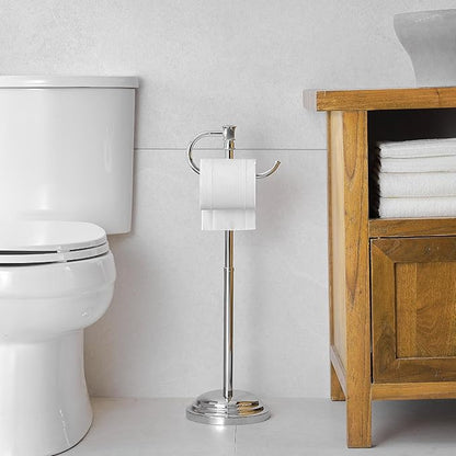 RUMOSE Toilet Paper Holder Stand for Floor, Polished Chrome Adjustable (12.4" to 22.8") Bathroom Toilet Tissue Holder, Free Standing Toilet Paper Roll Holder with Storage, Stainless Steel