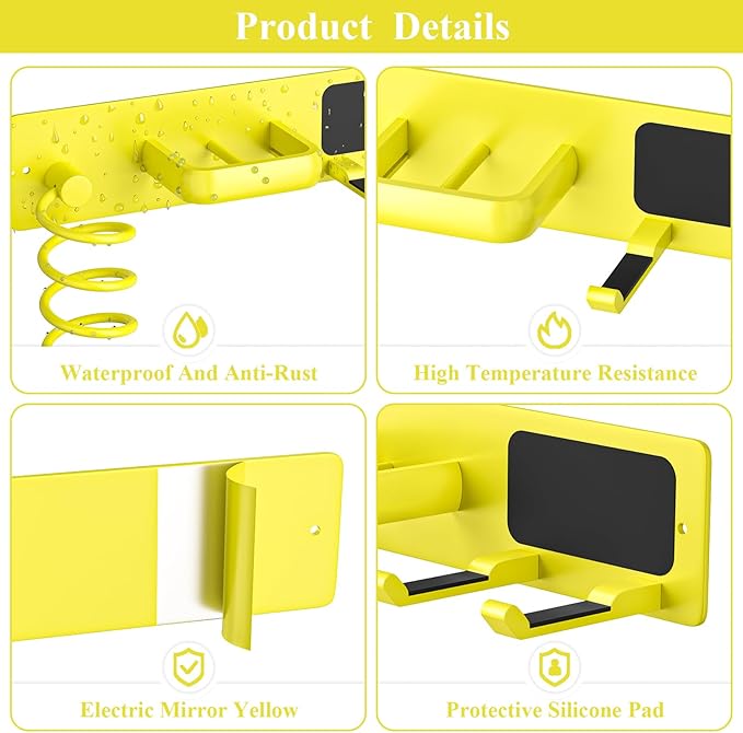 Tindbea Hair Dryer Holder Curling Iron Holder Flat Iron, Blow Dryer Holder Wall Mount, 3 in 1 Bathroom Hair Tool Organizer Rack for Universal Dryer, Bright Yellow