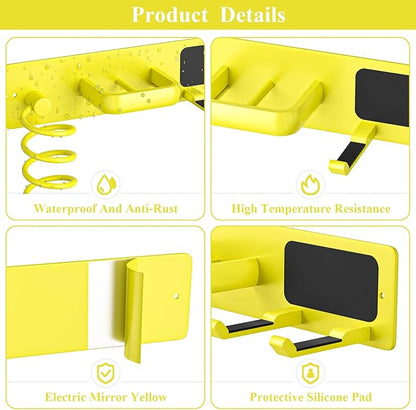Tindbea Hair Dryer Holder Curling Iron Holder Flat Iron, Blow Dryer Holder Wall Mount, 3 in 1 Bathroom Hair Tool Organizer Rack for Universal Dryer, Bright Yellow