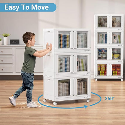 300Qt Stackable Storage Bins with Lids, 75Gal Closet Organizers and Storage Drawer, Plastic Collapsible Storage Bins with Doors, Heavy Duty Store Box Cabinet for Home Kitchen, 3Pack White