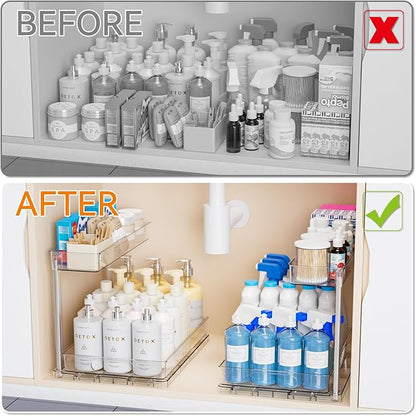 Yieach 2 Pack Kitchen Sink Organizer Under Cabinet,14.5 Inch Deep Clear Under Sink Storage Rack for Bathroom,Apartments and Small Space,Two Tier Pull Out Vanity Cabinet Organizer & Undersink Storage
