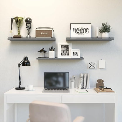 WOPITUES Floating Shelves 24 inch with Black Metal Guardrail, Shelves for Wall Decor Set of 3, Wall Shelves for Bedroom, Bathroom, Kitchen, Living Room, Plants, Picture Frames, Art- Grey