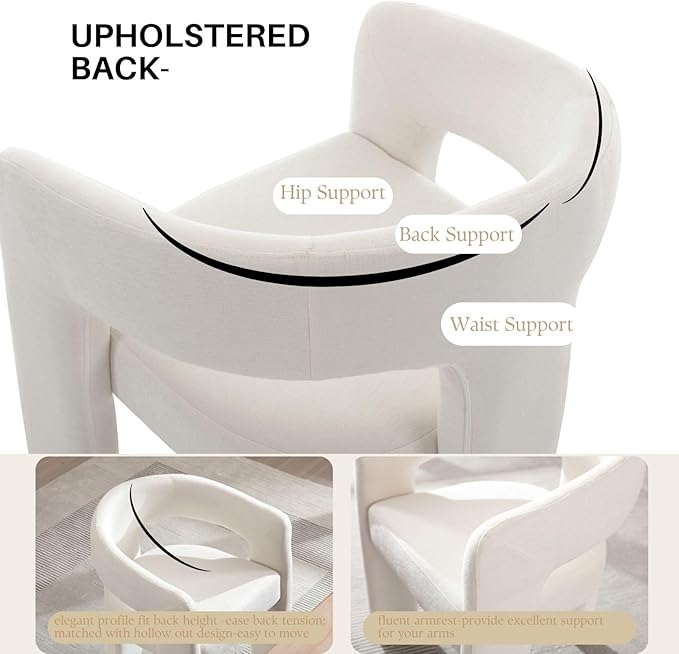 White Chenille Dining Chairs Set of 4, Modern Barrel Dining Room Chairs Upholstered Accent Chair with Arms and Round Back for Living Room Kitchen Armchair No Assembly Needed