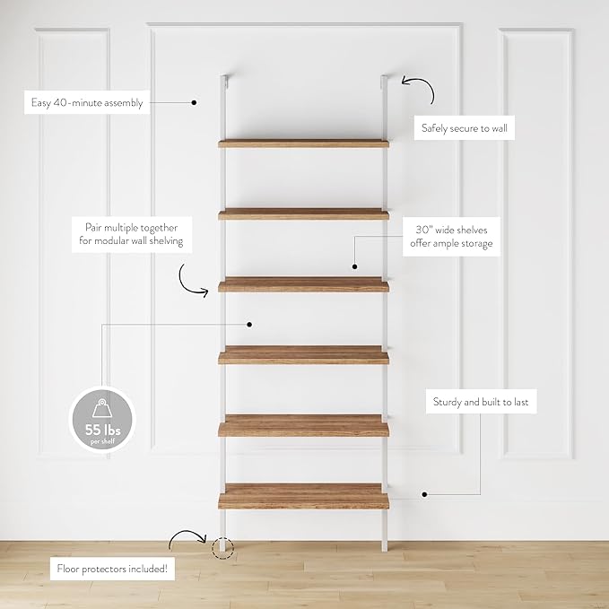 Nathan James Theo 6-Shelf Tall Bookcase, Wall Mount Bookshelf with Natural Wood Finish and Industrial Metal Frame, Rustic Oak/White, Set of 2