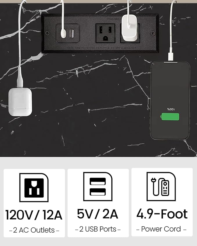 TUTOTAK End Table with Charging Station, Small Side Table, Nightstand Bedside Table, 2-Tier Storage Shelf for Small Space, Living Room, Bedroom, Marble Black TB01BMK040