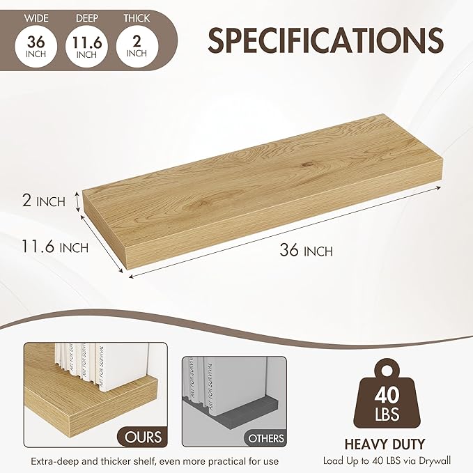 36 Inch Floating Shelves, 12" Deep Floating Shelf Wall Mounted, 36" Wall Shelves, Rustic Deep Bookshelf, Extra Deeper & Thicker Display Shelves for Bedroom, Living Room, Oak, Set of 2