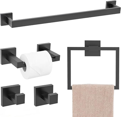 TQKAG Matte Black Bathroom Hardware Accessories Set 5 Pieces, Double Post Pivoting Toilet Paper Holder Set Stainless Steel Square Bathroom Towel Bar Holder Set Wall Mounted