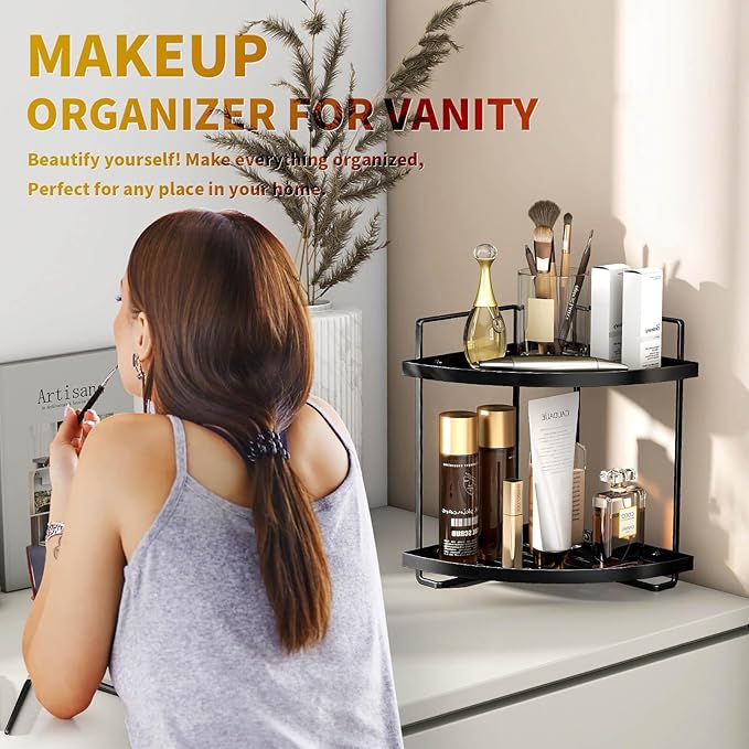 2-Tier Bathroom Counter Organizer, Corner Bathroom Organizer Countertop, Black Vanity Tray Counter Corner Shelf, Corner Organizer for Skincare Makeup Kitchen Storage, 8.2''L x 8.2''W x 11.2''H