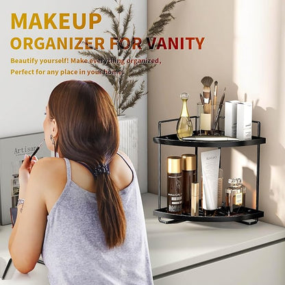 2-Tier Bathroom Counter Organizer, Corner Bathroom Organizer Countertop, Black Vanity Tray Counter Corner Shelf, Corner Organizer for Skincare Makeup Kitchen Storage, 8.2''L x 8.2''W x 11.2''H
