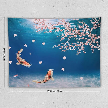 Japanese Koi Fish Tapestry, Cherry Blossoms Asian Oriental Blue Floral Branch Koi Fish Carp Tapestries Wall Hanging for Bedroom Living Room Office Decor 80"x60"