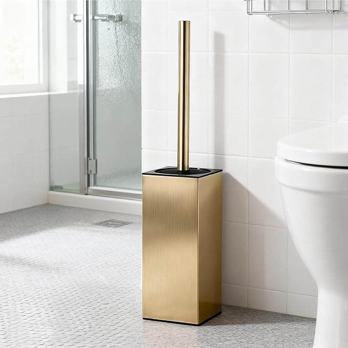 Toilet Brush and Holder Set, NEWRAIN Stainless Steel Toilet Brush with Long Brush Handle, Brushed Gold Toilet Scrubber and Covered Holder, Square Design Sturdy and Space Saving, Covered Brush