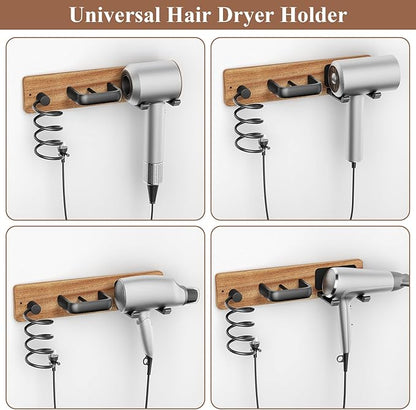 Tindbea Hair Dryer Holder Curling Iron Holder Flat Iron, Blow Dryer Holder Wall Mount, Bathroom Hair Tool Organizer Rack for Universal Dryer (Sapele Wood Matte Metal, Matte Black)