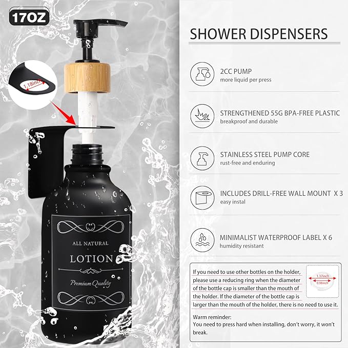 34PCS Black Bathroom Accessories Sets Complete, with Shower Curtain, Rugs, Trash Can and Toilet Brush, 3PCS 17oz Soap Dispenser Wall Mounted, Toothbrush Holder and Cup, Soap Dish, Qtip Holder