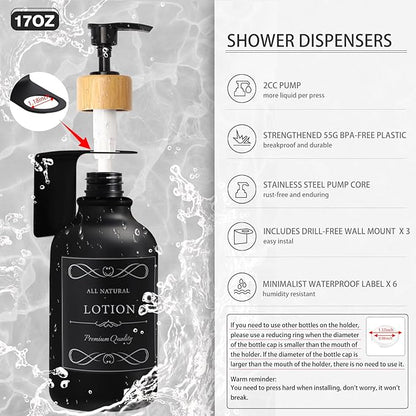 34PCS Black Bathroom Accessories Sets Complete, with Shower Curtain, Rugs, Trash Can and Toilet Brush, 3PCS 17oz Soap Dispenser Wall Mounted, Toothbrush Holder and Cup, Soap Dish, Qtip Holder