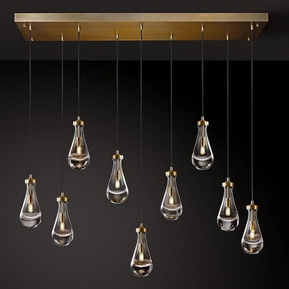Raindrop 9-Light Chandeliers for Dining Room Gold Dining Room Lights Fixture Over Table, Brass Pendant Lights Kitchen Island, Adjustable Rope Teardrop Hanging Lamp Ceiling for Living Room