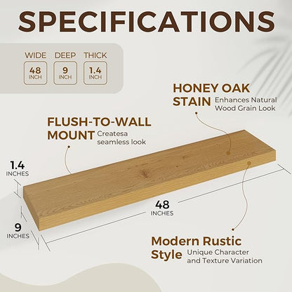48 inch Floating Shelves for Wall Large Wall Mounted Shelves with Invisible Brackets, Oak Long Shelves for Bathroom, Living Room, Kitchen, Office, 48x9.1 inch deep Set of 2