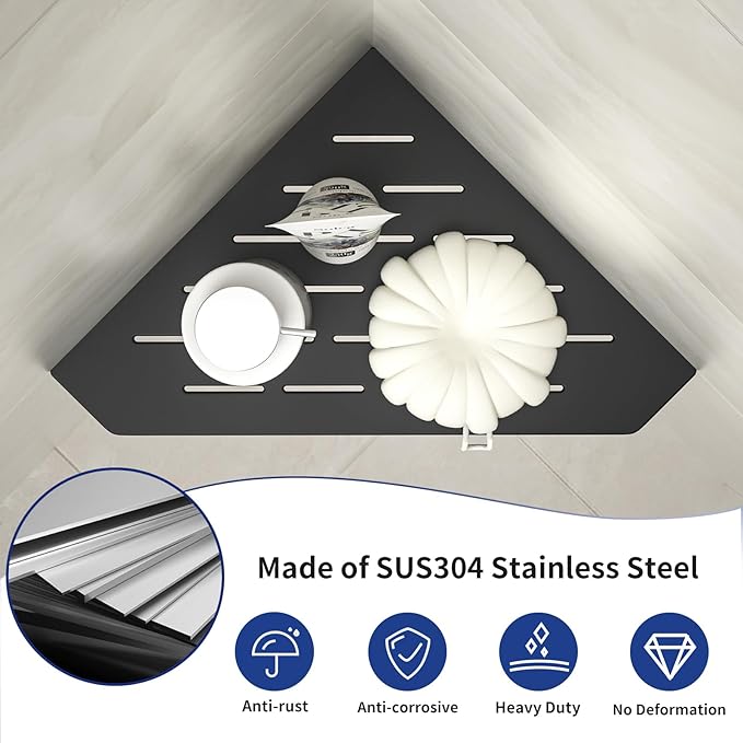 Corner Shower Shelf 10" Matte Black 304 Stainless Steel Pentagonal Heavy Duty Floating Corner Sheves Slot Design Recessed Bathroom Shelf for Tiled Wall 2 Pack, No Drilling Needed
