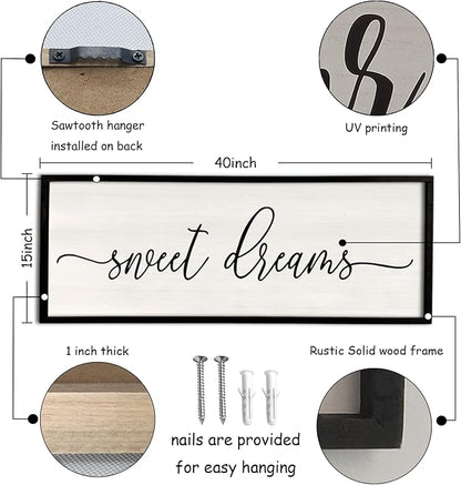 Sweet Dreams Wall Decor Above Bed 40''×15'' Master Bedroom Large Sweet Dreams Sign Farmhouse Wall Decor Guest Room Wood Rustic Framed Over Bed Wall Art Hanging Decoration (Black)