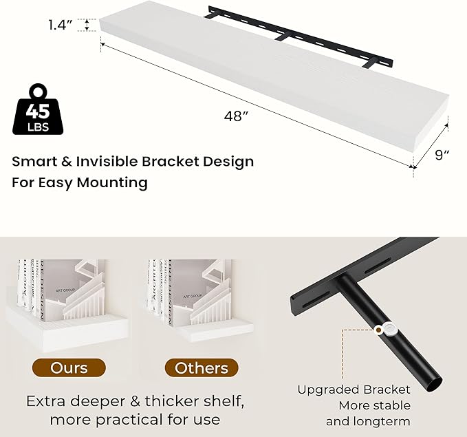 48 inch Floating Shelves for Wall Large Wall Mounted Shelves with Invisible Brackets, White Long Shelves for Bathroom, Living Room, Kitchen, Office, 48x9.1 inch deep Set of 2