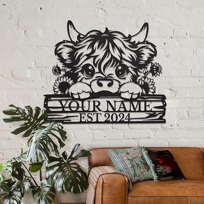Personalized Highland Cow Name metal Signs,Custom Highland Cow Metal Shed Wall Decor,Black Metal Wall Art Plaques Outdoor wall Decorative Signage (Style D)