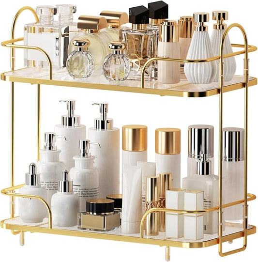 2 Tier Corner Bathroom Counter Organizer, Cosmetic Skincare Organizer, Bathroom Countertop Perfume Tray Vanity Organizer, Kitchen Spice Corner Storage Shelf