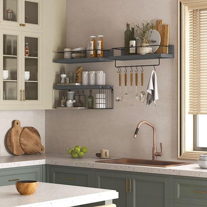 Bathroom Shelves Over Toilet for Wall, Floating Shelves with Storage Basket Paper Holer for Kitchen Living Room, Bedroom & Classroom, Set of 3 (Grey)