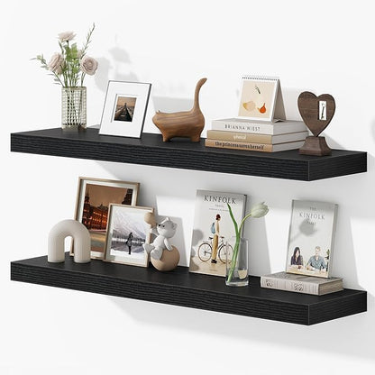 40 Inches Floating Shelves for Wall, 9.3" Deep Long Floating Shelves Set of 2, Large Display & Storage Shelf, Wall Shelf for Bathroom Bedroom Living Room Kitchen Office, Black