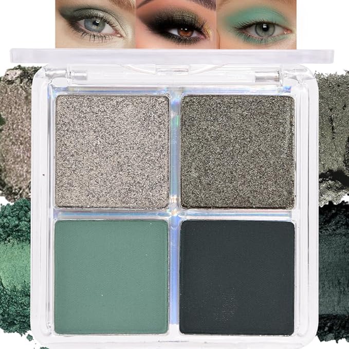 4 Colors Matcha Green Eye Shadow Powder Palette Makeup, Highly Pigmented Waterproof Matte Shimmer Quad Eyeshadow Palette for Women, paleta de sombras de ojos, Blendable, Vegan 12