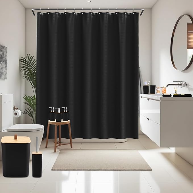 Black Bathroom Accessories Sets Complete with Shower Curtain, 24 PCS Bathroom Set with Trash Can,Toothbrush Holder,Toothbrush Cup,Soap Dispenser,Soap Dish,Toilet Brush,Tray and Qtip Holder