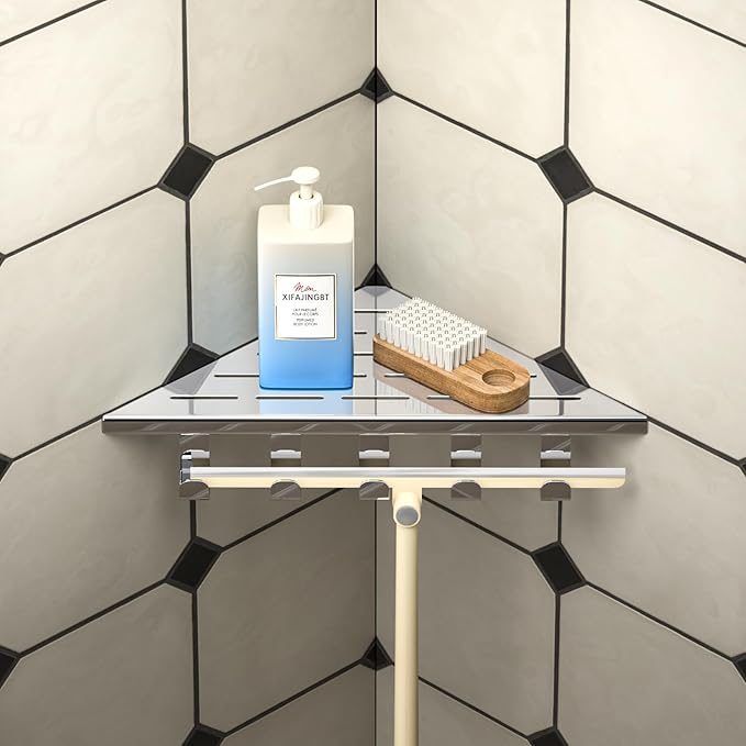 10‘’ Corner Shower Shelf, 304 Stainless Steel Shelves for Bathroom, Grout in Shelf with Hooks for Tiled Wall (Polished)