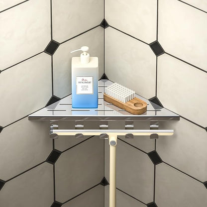 10‘’ Corner Shower Shelf, 304 Stainless Steel Shelves for Bathroom, Grout in Shelf with Hooks for Tiled Wall (Polished)