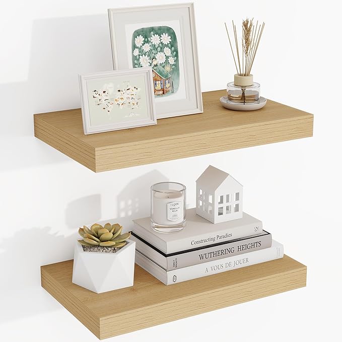 16 Inch Floating Shelves, 3D Textured Wood Grain, 16"x9.25"x1.5" Inch Deep Floating Shelves for Wall, Wooden Shelves for Bathroom, Bedroom, Living Room, Natural, 2 Pieces