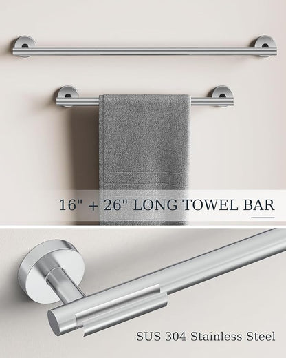 Chrome Bathroom Accessories Set, SUS304 Stainless Steel 6 Pieces Bathroom Hardware Set, 16&26 Inch Bath Towel Bar Set, 2 Towel Hooks, Toilet Paper Holder, Towel Racks for Bathroom Wall Mounted