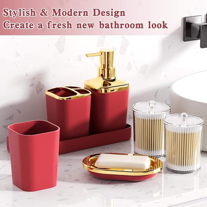 Dark Red Bathroom Accessory Set, 9-Piece Burgundy Bathroom Set with Trash Can, Toothbrush Holder, Toothbrush Cup,Soap Dispenser,Soap Dish,Toilet Brush Holder,2 Qtip Holder Dispensers and Tray