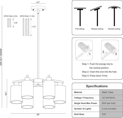 6-Light Modern Farmhouse Black Chandelier, Dining Room Light Fixture Over Table Adjustable Height Hanging Industrial Pendant Lights Kitchen Island, Clear Glass Shade