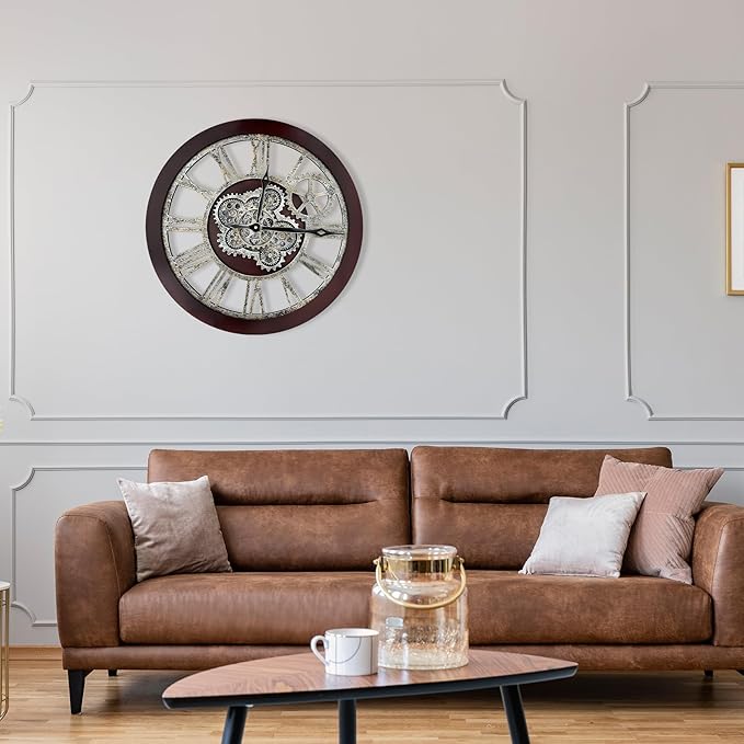 HOIBAI Large Wall Clock, Wall Clocks for Living Room Decor 30 Inch Farmhouse Vintage Rustic Kitchen Wall Decor Vintage Roman Oversized Wall Clock for Home Bedroom House, Moving Gears Clock
