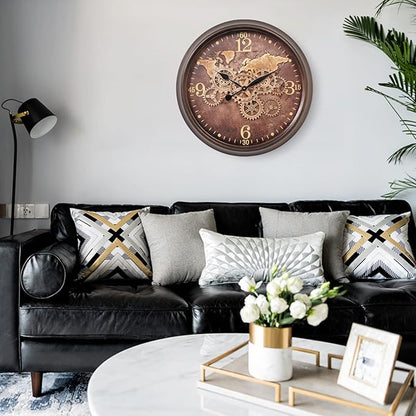 CLXEAST 24 Inch Large Wall Clock with Moving Gears, Industrial Clocks with World Map Dial, Oversized Cool Wall Clock for Living Room Decor,Oil Rubbed Bronze Brown