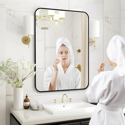 Fabuday Black Wall Mirror for Bathroom Over Sink - 22x30 Matte Metal Framed Rectangle Mirror, Rounded Rectangular Vanity Mirrors for Living Room, Bedroom, Entryway, Hallway, Horizontally/Vertically