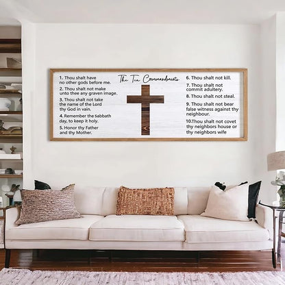 Ten Commandments Rustic Bible Verse Framed Wall Art 40" x 15" Natural Religious Christian Slogan Representing God Jesus Christ Prayer Vintage Holy Inspirational Catholic Scripture Decor