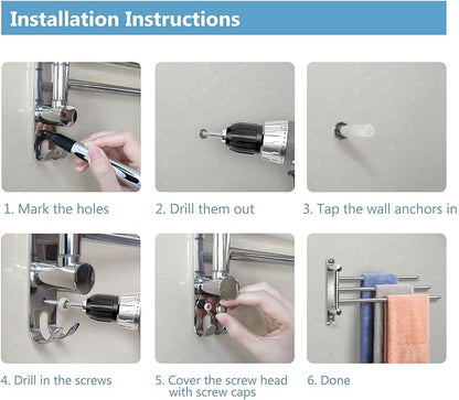 Bathroom Towel Rack JSVER 3 Arms Extended Towel Holder, Swivel Towel Bar, SUS304 Stainless Steel Space Saving Towel Racks for Bathroom, Kitchen