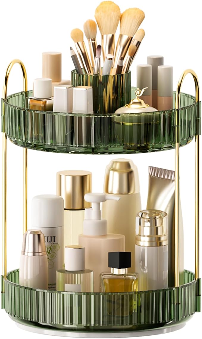 360° Rotating Makeup Organizer, Upgraded 2 Tier Skincare Perfume Organizers for Women, Bathroom Organizer Countertop, Clear Cosmetic Dresser Organizer with Makeup Brush Holder, Sink&Counter (Green)