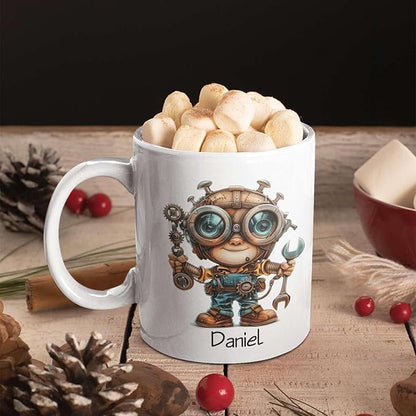 Personalized Tech Enthusiast Coffee Cup 11oz 15oz, Customized Steampunk Character Design Ceramic Mug, Unique Custom Name Mug Gift For Engineer, Kid Cup, Cute Mechanic White Cup