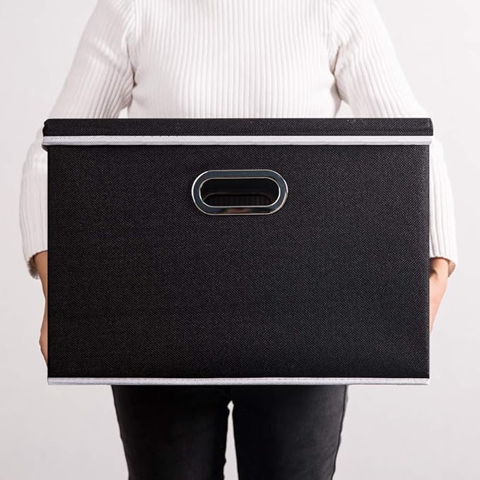 PRANDOM Large Foldable Storage Boxes with Lids [3-Pack] Fabric Collapsible Storage Bins Organizer Containers Baskets Cube with Cover for Home Bedroom Closet Office Nursery Black(17.7x11.8x11.8)