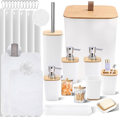 Bathroom Sets with Shower Curtain and Rugs, 27PCS White Bathroom Accessories Set with Trash Can, White Shower Curtain Set, No Slip Super Absorbent Bathroom Rugs