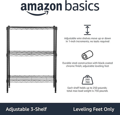 Amazon Basics 3-Shelf Adjustable Heavy Duty Steel Wire Rack Storage Shelving Organizer for Kitchen, Garage, 23.2" L x 13.4" W x 30" H, Black