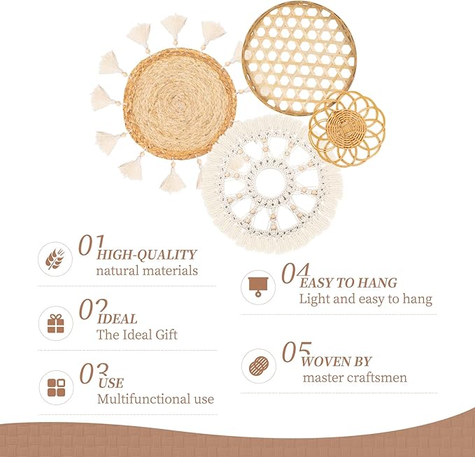 Boho Wall Basket Decor Set of 4 - Flat Woven Basket Wall Hanging Decor,Round Tassels White Macrame Tapestry Wall Decor Art,Handmade Rattan Wicker Seagrass Home Wall Baskets Decor(Wooden Beads Style)