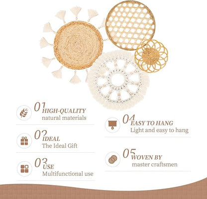 Boho Wall Basket Decor Set of 4 - Flat Woven Basket Wall Hanging Decor,Round Tassels White Macrame Tapestry Wall Decor Art,Handmade Rattan Wicker Seagrass Home Wall Baskets Decor(Wooden Beads Style)