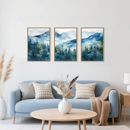 Celestdeco Blue Ridge Mountains Forest Framed Canvas Wall Art Set, Natural Landscape Wall Decor, Green Pine Trees Wall Painting, Woodland Artworks for Living Room, Bedroom, Dining Room - 16"x24"x3