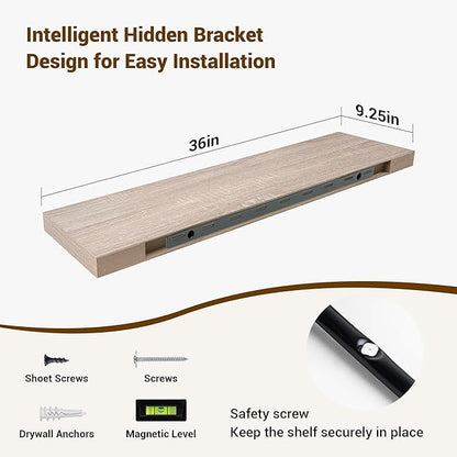 36 Inch Floating Shelves, 3D Textured Wood Grain, 36"x9.25"x1.5" Inch Deep Floating Shelves for Wall, Wooden Shelves for Bathroom, Bedroom, Living Room, Vintage White Oak, 2 Pieces